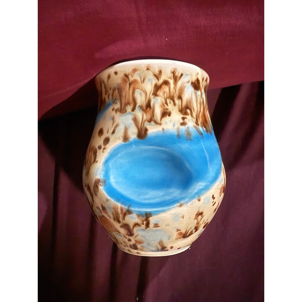 Handmade Ceramic Vase with Blue & Brown Glaze, Polkadots, Artist Signed NS or SN